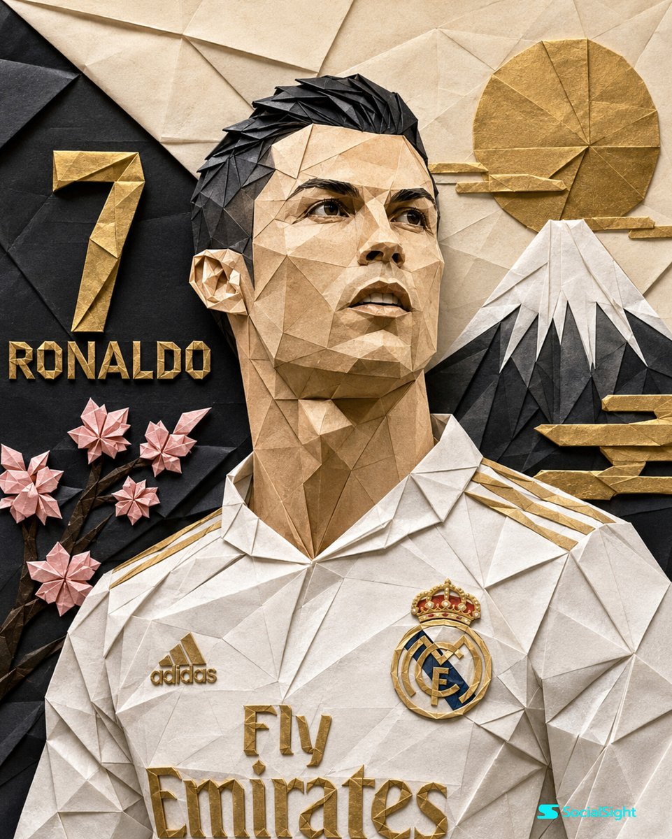 超精细折纸艺术肖像画，描绘克里斯蒂亚诺·罗纳尔多（Cristiano Ronaldo），完全由折叠纸层和几何折纸造型精心制作而成，逼真的纸张质感，带有可见的折痕和手工折叠痕迹，由错综复杂的折叠...