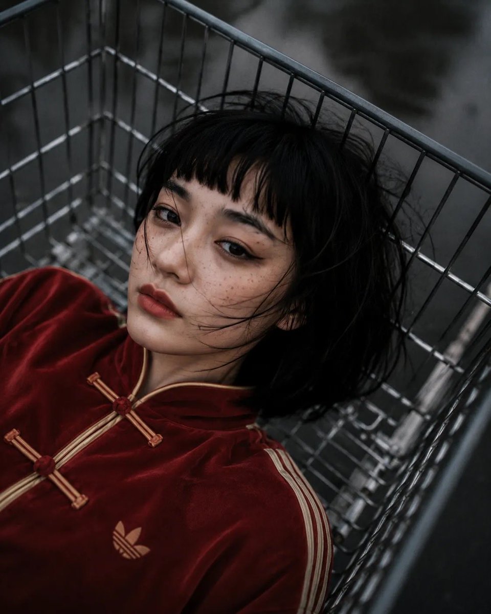 女性角色位于购物推车内部，以推车内部为视角向上望向她的脸部，戏剧性的透视畸变，一条腿靠近镜头，姿势"无所谓"且放松：，超大红色（偏红）的阿迪达斯旗袍风格天鹅绒运动套装，配米色条纹与盘扣，搭配同...