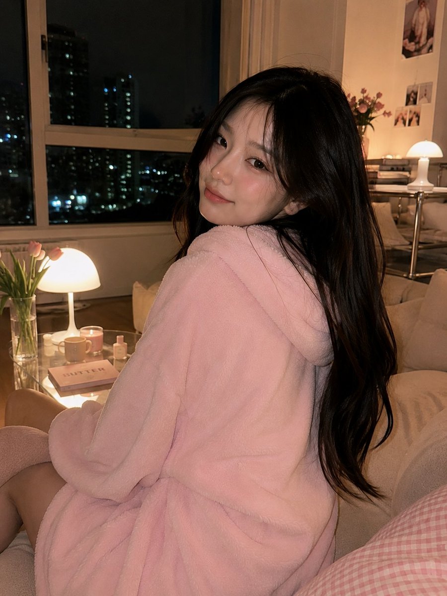 GPT Image 2 on ChatGPT 提示词； 超写实风格的舒适客厅肖像，夜晚时分，一位美丽的韩国女性侧身坐在柔软的米色沙发上，温柔地回...