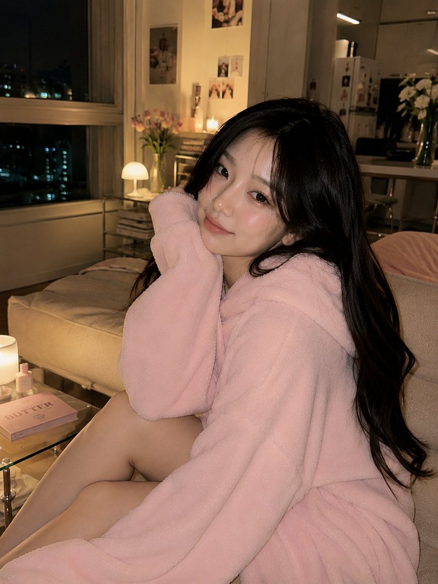 GPT Image 2 on ChatGPT 提示词； 超写实风格的舒适客厅肖像，夜晚时分，一位美丽的韩国女性侧身坐在柔软的米色沙发上，温柔地回头看向镜头，露出柔和害羞的微笑。由于超大蓬松的浅...