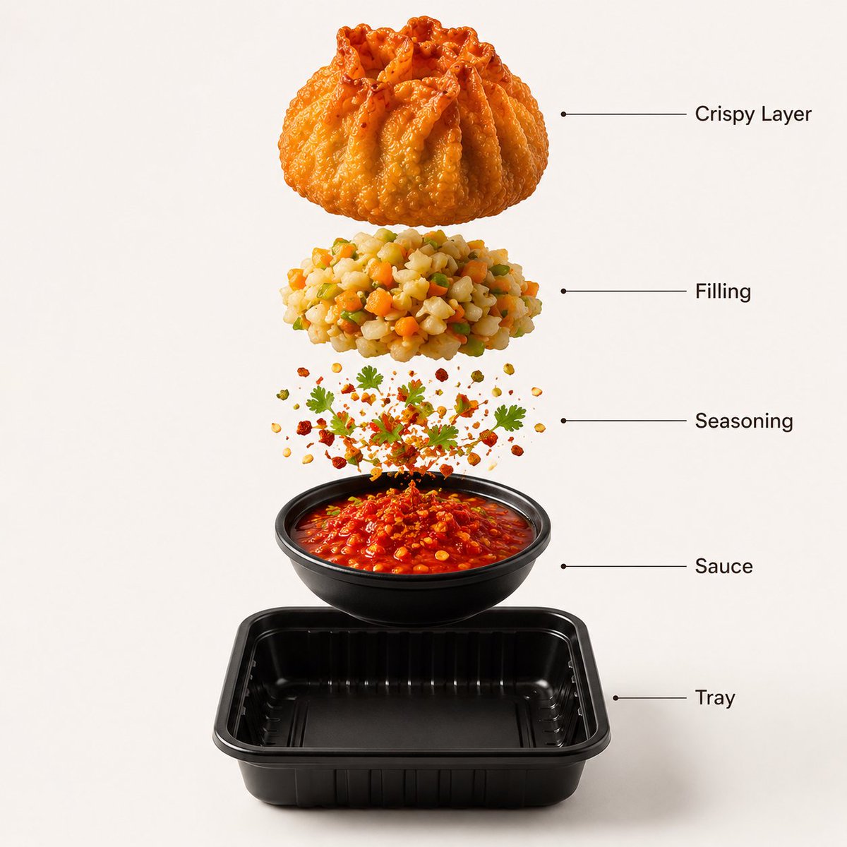 - 一张高端街头美食产品摄影：金黄酥脆的炸馒头（momos）摆放在黑色托盘中，置于温暖的白色无缝影棚背景中央。炸馒头呈深金色酥脆质地，带有逼真的油亮光泽和酥脆褶皱。新鲜的绿色香草与辣味蘸酱为画...