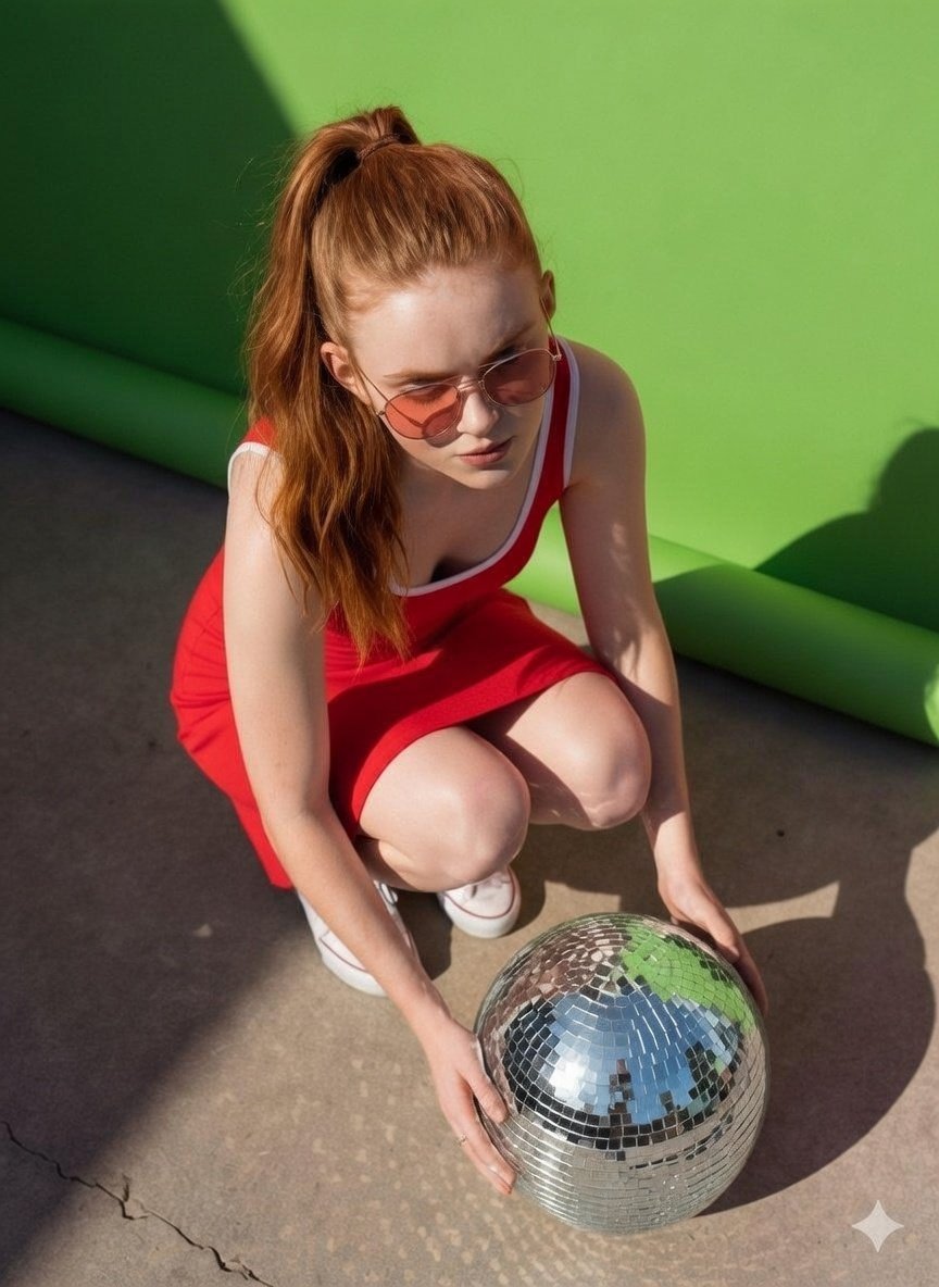 Sadie Sink, Natalia Dyer, 现代健身房 健身中心环境, 在训练后拍摄一张同步的镜面自拍, 蓝色高腰紧身裤，带有独特的金色滚边线条，黑色图案运动内衣, 紫色抽褶高腰紧身裤...