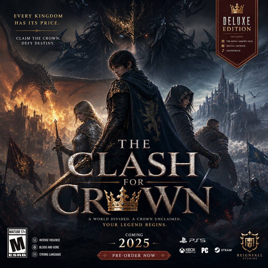 为一款名为 [The Clash for crown] 的虚构游戏,创作一张高级且极具真实感的游戏首发主视觉海报(Key Art)。 目标:让这...