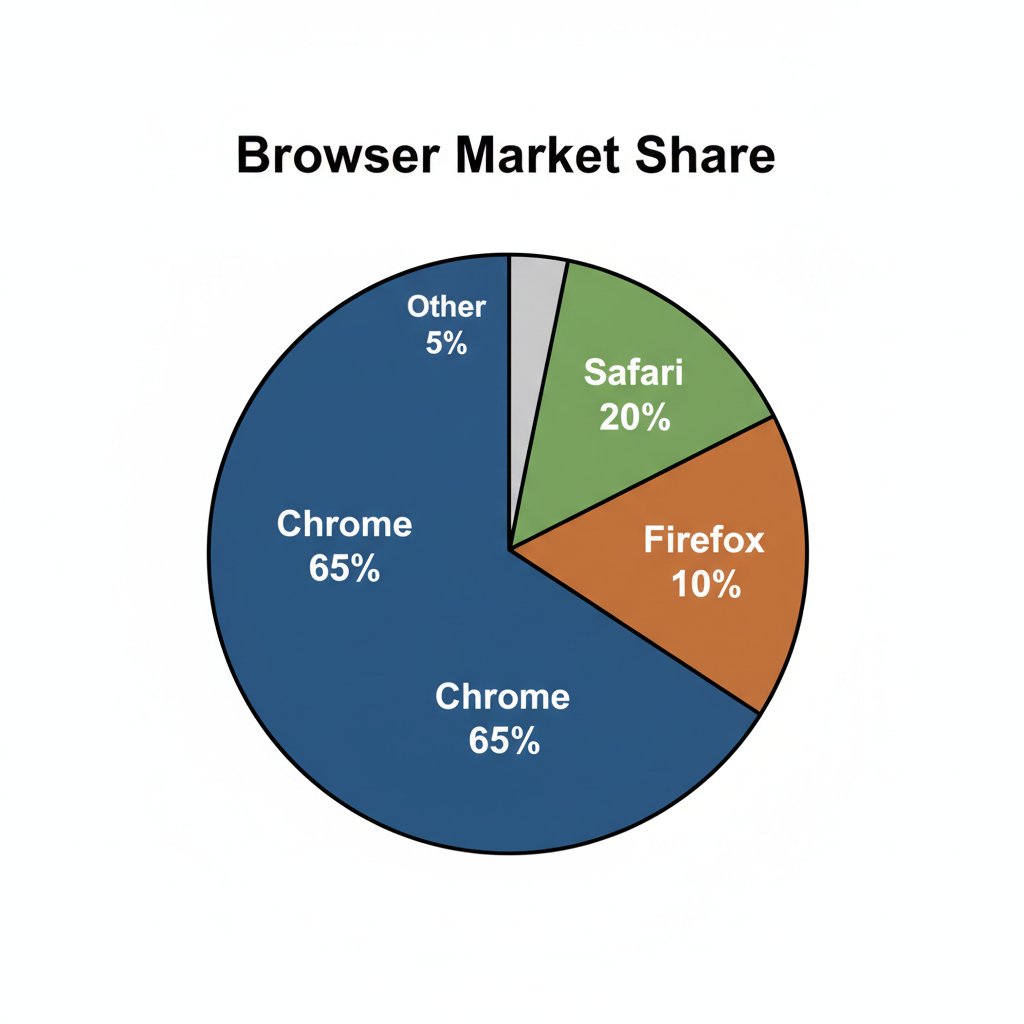 "显示浏览器市场份额的饼图:Chrome 65%,Safari 20%,Firefox 10%,其他 5%。每个扇区应大小适当,并标注浏览器名称...
