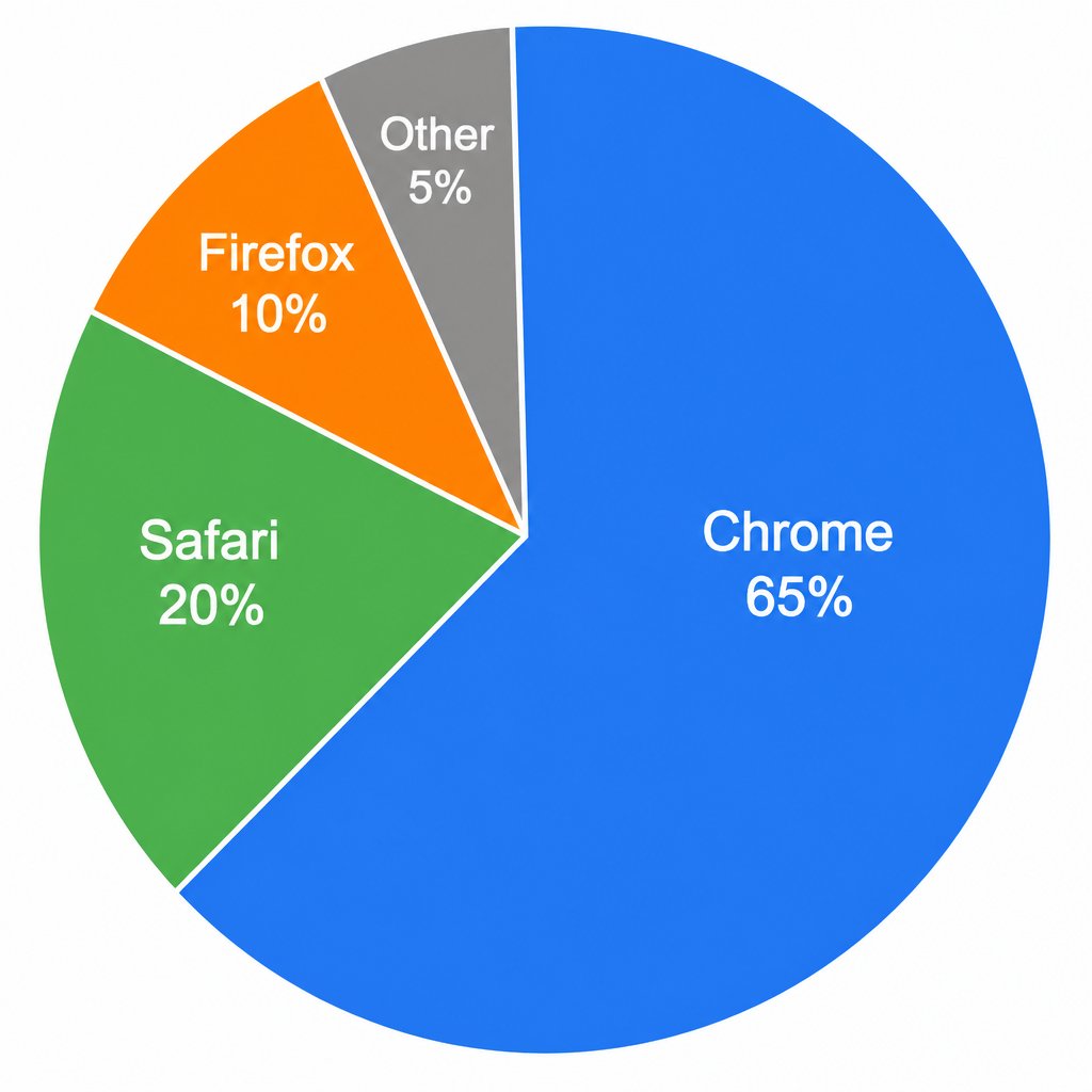 "显示浏览器市场份额的饼图:Chrome 65%,Safari 20%,Firefox 10%,其他 5%。每个扇区应大小适当,并标注浏览器名称和百分比。"). https://t.co/bB...