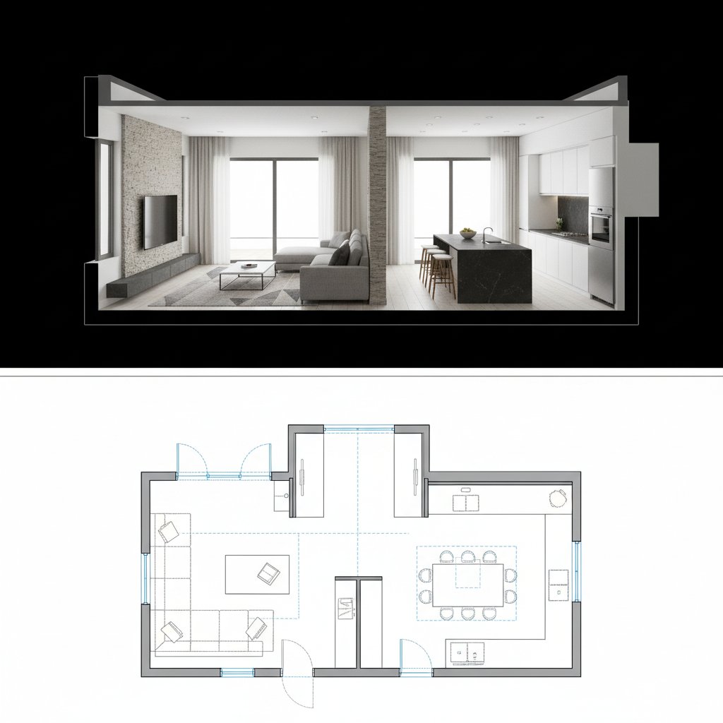 "一张综合建筑可视化效果图。顶部部分展示了一栋现代房屋一层的照片级真实感 3D 剖面视图，其中有一个带家具的客厅…… https://t.co/aDoqbayZqE