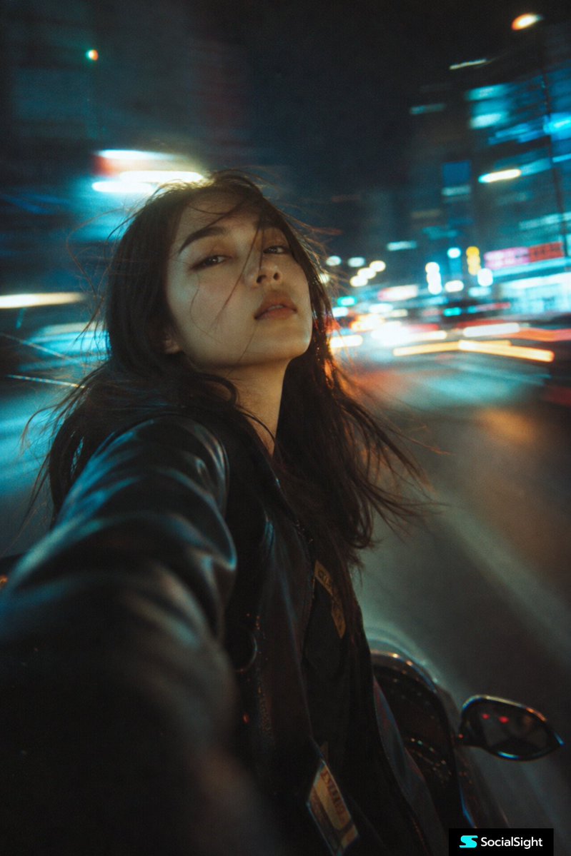 一位年轻女性骑行穿越城市的电影感夜景自拍，采用低位广角视角拍摄。柔和梦幻的运动模糊，路灯和车流的拉长光轨营造出赛博朋克光晕。霓虹蓝、青绿与暖琥珀色光线在背景中拖出条纹。浅景深，带轻微颗粒感的胶...