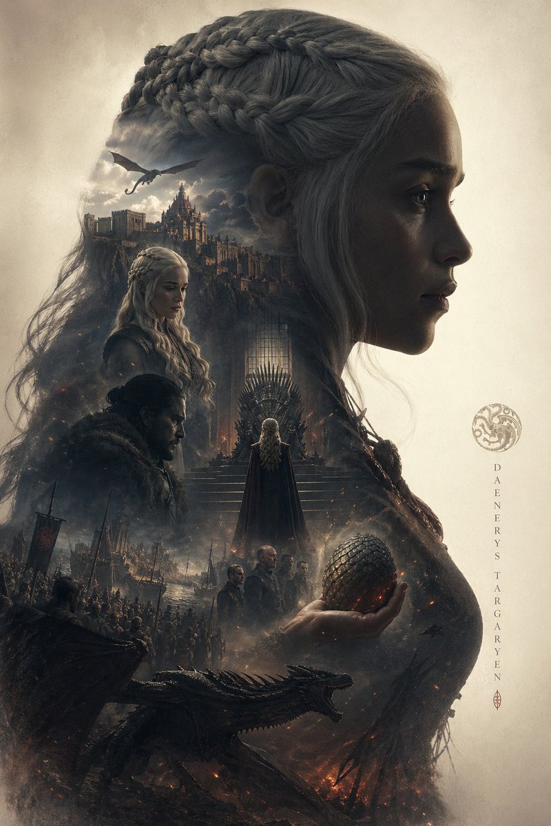 根据{Daenerys Targaryen}自动生成一张档案级史诗叙事海报：以{Daenerys Targaryen}角色的一个巨大而优雅的侧面剪影作为外轮廓,剪影内部自动生长出最契合该主题的...