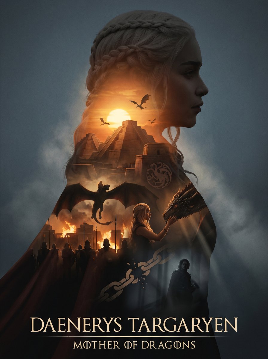 根据{Daenerys Targaryen}自动生成一张档案级史诗叙事海报：以{Daenerys Targaryen}角色的一个巨大而优雅的侧面剪影作为外轮廓,剪影内部自动生长出最契合该主题的...