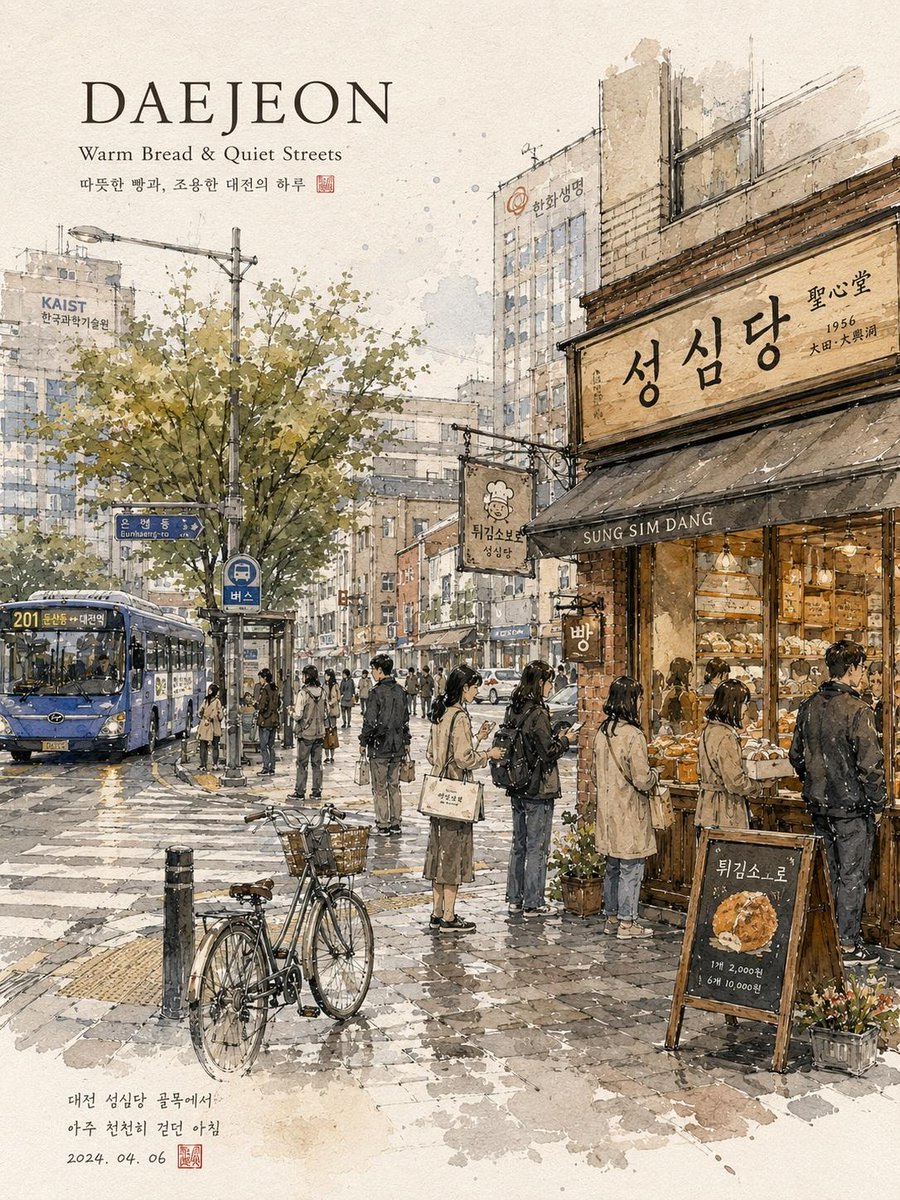 梦幻水彩旅行插画,描绘一条宁静的韩国城市街道,手绘城市速写本风格,细腻的钢笔线条与柔和的水彩晕染相结合,温馨的咖啡馆店面,温暖的面包店灯光透过窗户散发出来,小雨后安静的清晨氛围,反光的湿润路面...