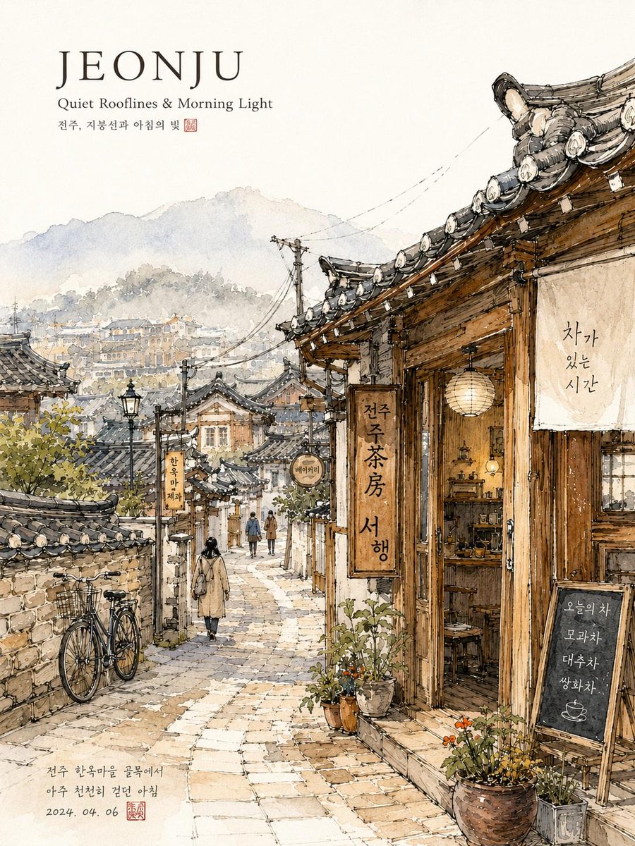 梦幻水彩旅行插画,描绘一条宁静的韩国城市街道,手绘城市速写本风格,细腻的钢笔线条与柔和的水彩晕染相结合,温馨的咖啡馆店面,温暖的面包店灯光透过窗户散发出来,小雨后安静的清晨氛围,反光的湿润路面...