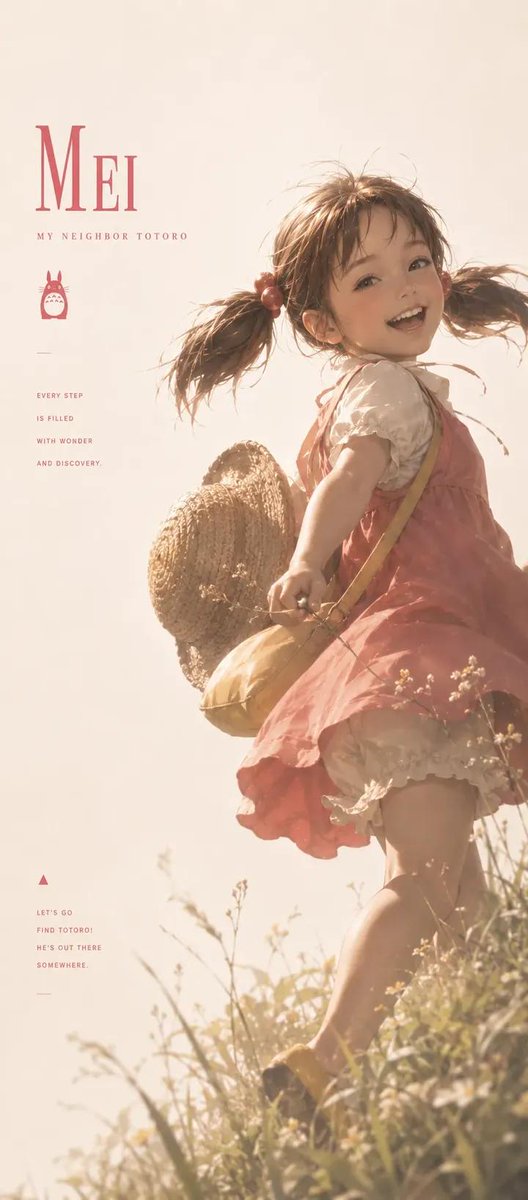 * "吉卜力工作室风格的写实海报，金色时刻的乡村公交站旁，龙猫与猫巴士登场。前景中两位年轻的姐妹手牵手：年幼的女孩身穿粉色背带裙，手持玉米；年长的女孩穿着米色衬衫，搭配橙色背带和裙子。在她们身...