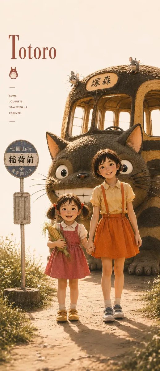 * "吉卜力工作室风格的写实海报，金色时刻的乡村公交站旁，龙猫与猫巴士登场。前景中两位年轻的姐妹手牵手：年幼的女孩身穿粉色背带裙，手持玉米；年长的女孩穿着米色衬衫，搭配橙色背带和裙子。在她们身...