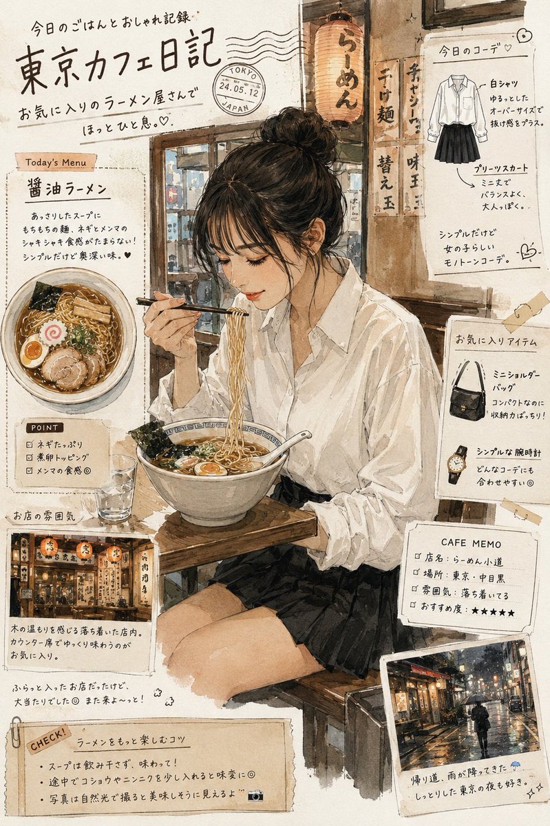 日本杂志插画提示词 日本生活方式杂志日记式插画，扎着凌乱发髻的可爱日本女孩，身穿宽松的白色纽扣衬衫和黑色百褶裙，坐在东京一家温馨的拉面咖啡馆里，用筷子享用热气腾腾的面条，质感水彩与墨水速写风格...