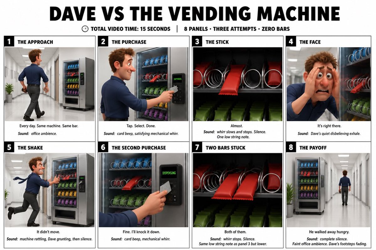 “为 DAVE VS THE VENDING MACHINE（戴夫 VS 自动售货机）创作一幅简洁清爽的信息图故事板海报。16:9 宽屏布局，白色背景，黑色边框，加粗黑色字体，高级 Pixar...