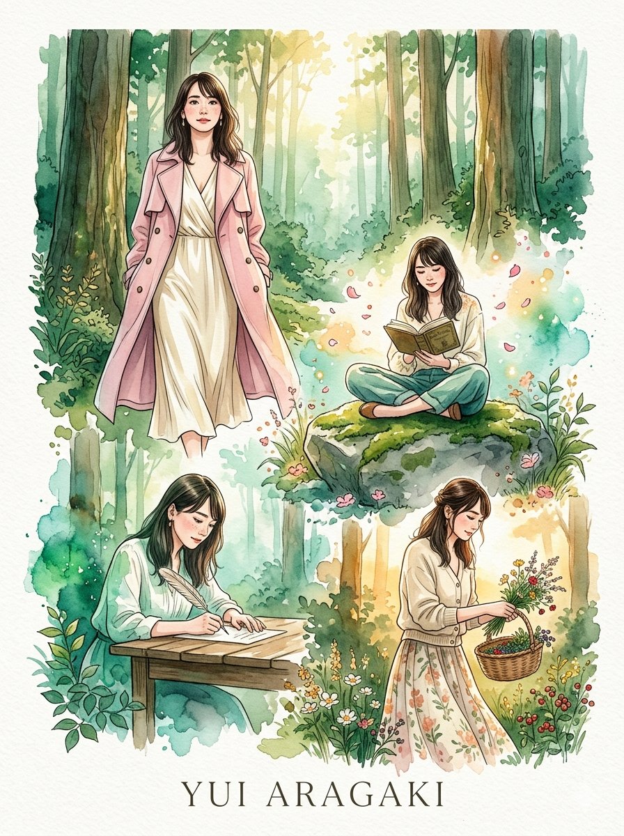 一组奇思妙想的高端时尚水彩肖像画，灵感源自 的优雅气质，描绘一位美丽、迷人、聪慧且优雅的日本女子，在郁郁葱葱的魔法林地场景中。 风格：鲜艳的水彩...