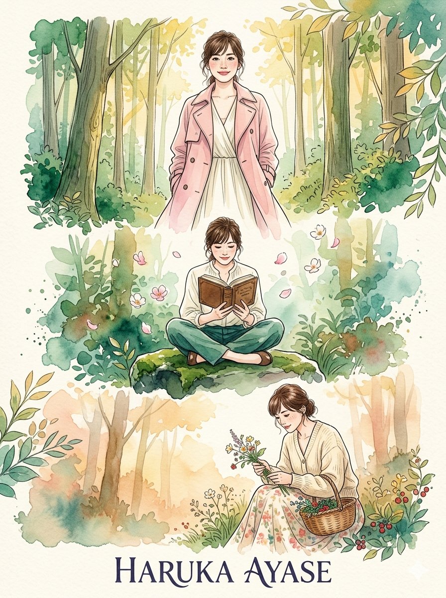 一组奇思妙想的高端时尚水彩肖像画，灵感源自 的优雅气质，描绘一位美丽、迷人、聪慧且优雅的日本女子，在郁郁葱葱的魔法林地场景中。 风格：鲜艳的水彩插画，流动的晕染颜料、细腻柔和的墨线轮廓、如梦似...
