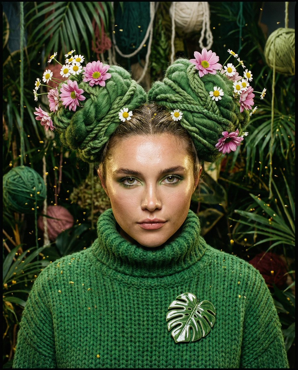 { "氛围标题": "植物错觉", "主提示词": "主角的前卫编辑紧中幅肖像，从胸部向上构图，手不在画面中。主体穿着超纹理 oversized 粗感绿色重磅针织高领毛衣，领口装饰着一枚光泽陶...