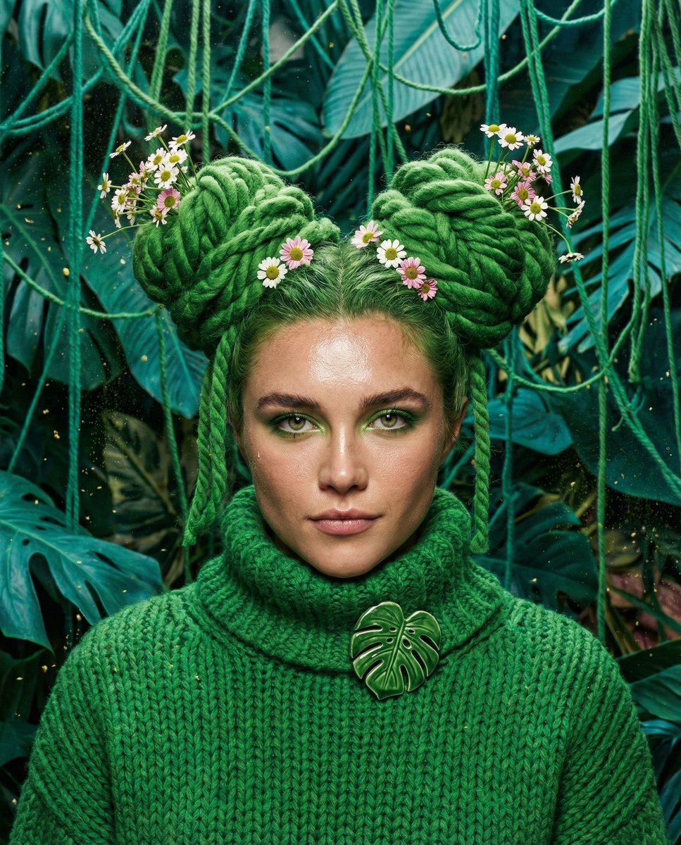 { "氛围标题": "植物错觉", "主提示词": "主角的前卫编辑紧中幅肖像，从胸部向上构图，手不在画面中。主体穿着超纹理 oversized 粗感绿色重磅针织高领毛衣，领口装饰着一枚光泽陶...