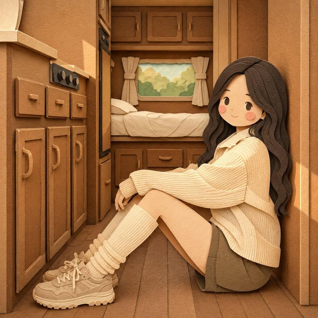 将这张图片转化为柔和的、手工制作的层叠剪纸插画，灵感来自纸质工艺立体场景模型。使用平滑、圆润的造型，角色比例可爱而简化，五官细节极简（圆点眼睛、玫瑰色脸颊），营造出温馨、舒适且迷人的美学风格。