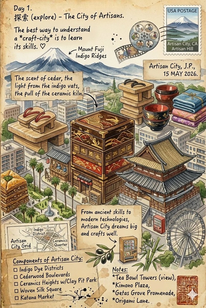 复古旅行日记水彩插画，两座城市呈现于泛黄纸张之上，搭配邮票、手写笔记与地图。第一幅：洛杉矶街景，可见棕榈树、市政大厅（City Hall）、威尔顿剧院（Wiltern Theatre）、经典老...