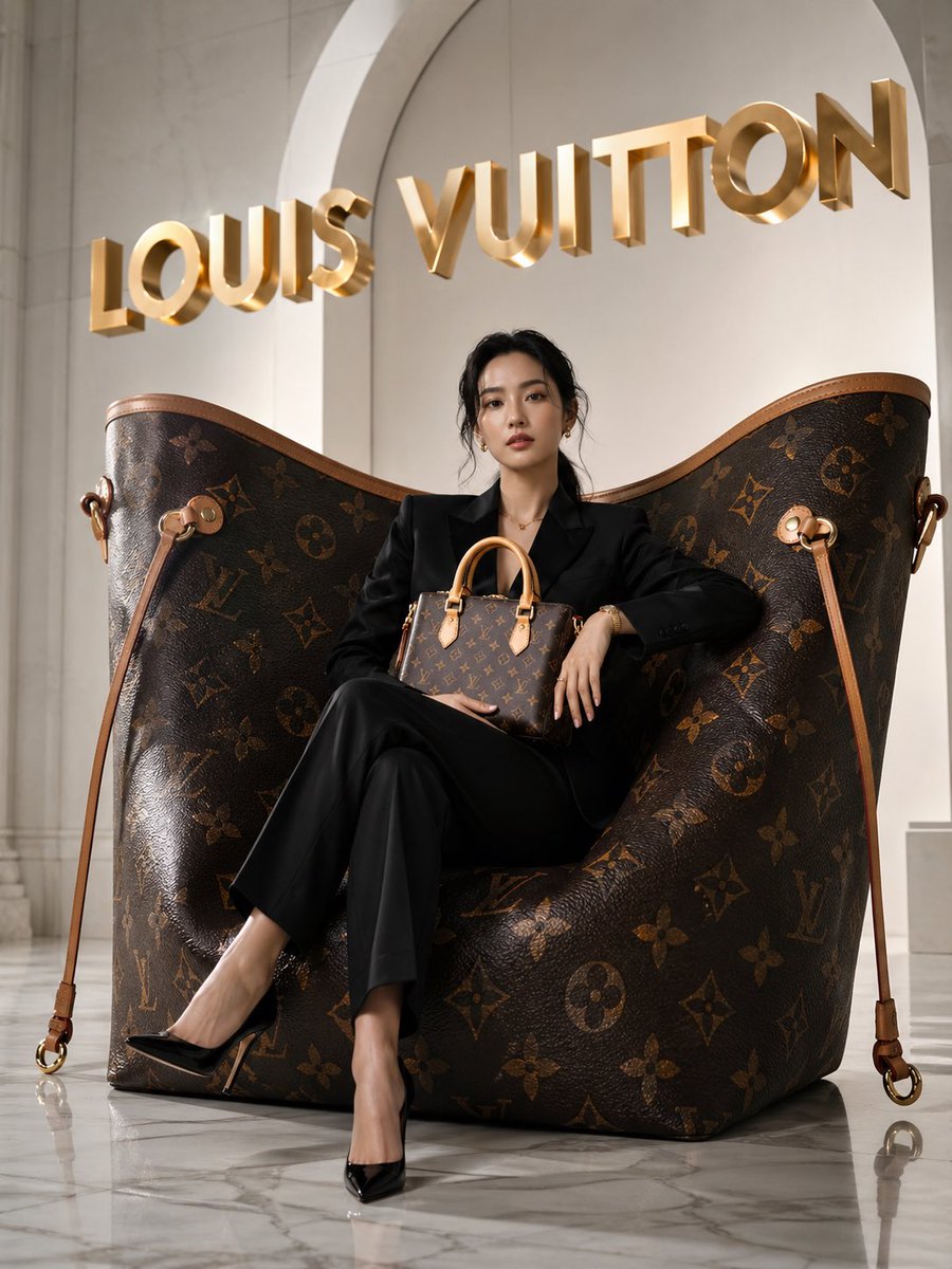 一张令人惊叹的前卫奢侈时尚大片摄影作品，为 Louis Vuitton（路易威登）打造，场景设在一个极简主义、高天花板的粉白色摄影棚中，地面为无缝反光大理石。一只巨大的、超大尺寸的 Louis...