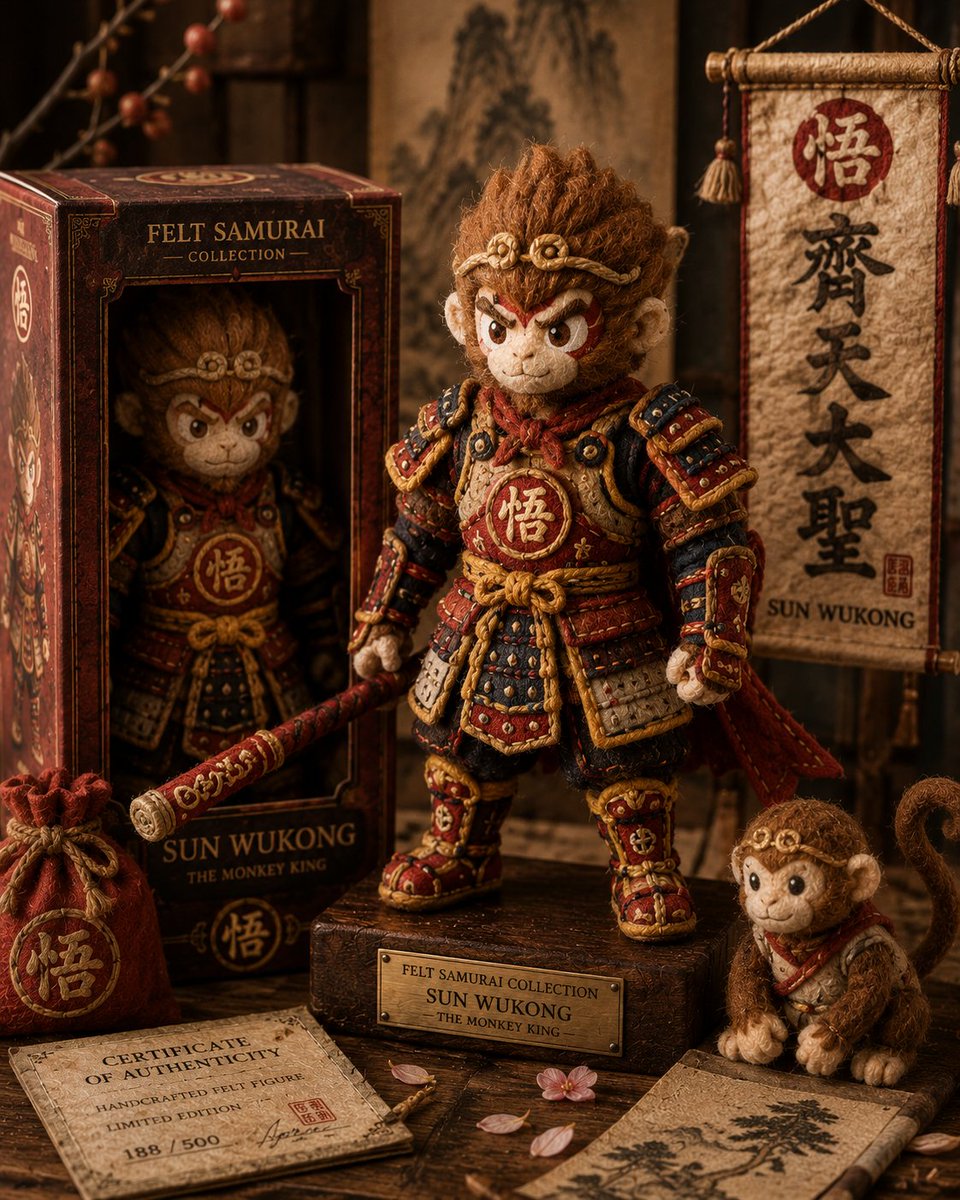 GPT Image 2.0 → 毛毡武士系列 提示词 创建一个高度细致的毛毡武士系列图像，将任何虚构宇宙中的标志性角色重新构想为手工制作的工匠级毛毡武士玩偶与收藏级纺织雕塑。 将[Charac...