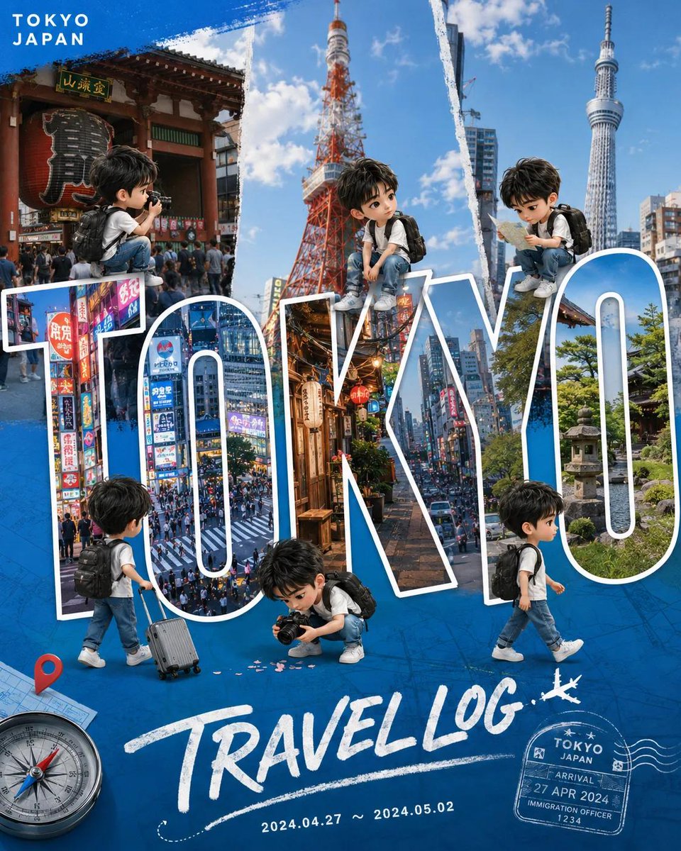 可爱Q版旅行Vlog海报设计，描绘可爱的迷你旅行者探索一座世界著名城市，巨型粗体3D城市名称字体内部填充地标摄影和城市景观，卡哇伊风格的角色坐在字母上和绕着字母行走，电影感旅行拼贴美学，光泽感...