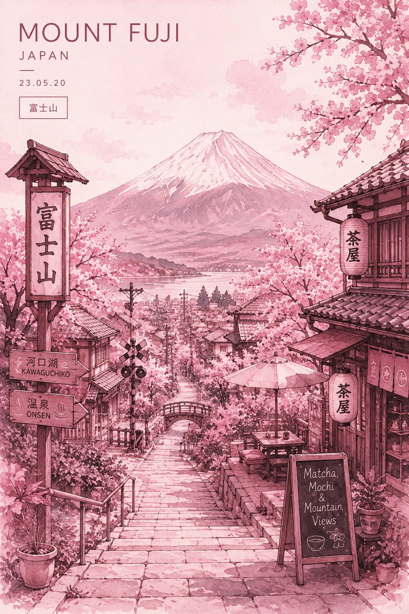 日本富士山春季的极简超详细旅游海报插画，从迷人的传统日本山坡街道向下俯瞰下方城市的视角。巨大的积雪覆盖富士山居中位于背景，在柔和的 pastel 天空之下。整个作品使用单色腮红粉色和玫瑰水彩调...