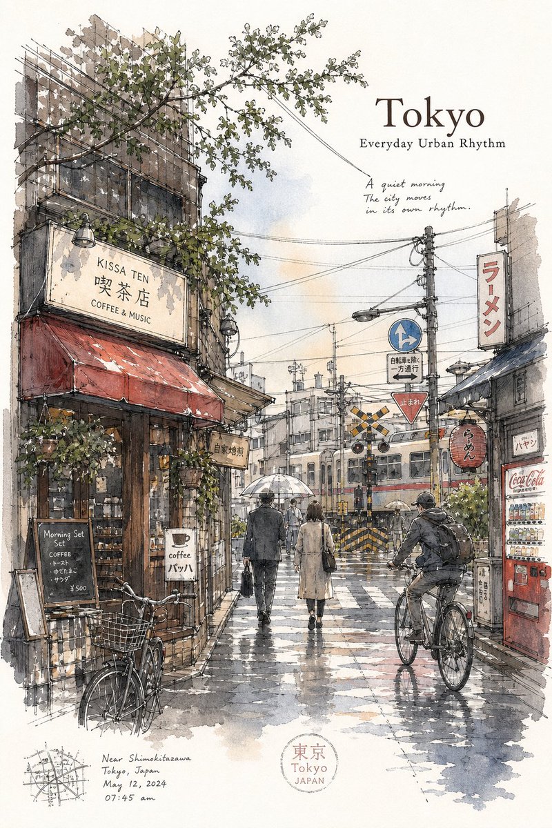 东京极简城市旅行速写海报，由一位经验丰富的城市速写画家在清晨宁静的旅行时刻，像实地写生一样绘制。 在下笔之前，请仔细分析并表达东京真实的视觉身份与情感节奏： 其层层叠叠的建筑密度， 狭窄的侧街...