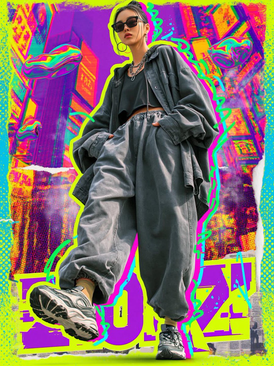 超风格化赛博朋克街头服饰时尚海报,全身年轻女性自信地朝镜头走来,超大炭灰色夹克与超宽松慢跑裤,黑色短款上衣,厚底未来感运动鞋,深色墨镜,银色链条配饰,低角度透视,夸张的运动鞋前景,青柠绿与青色...