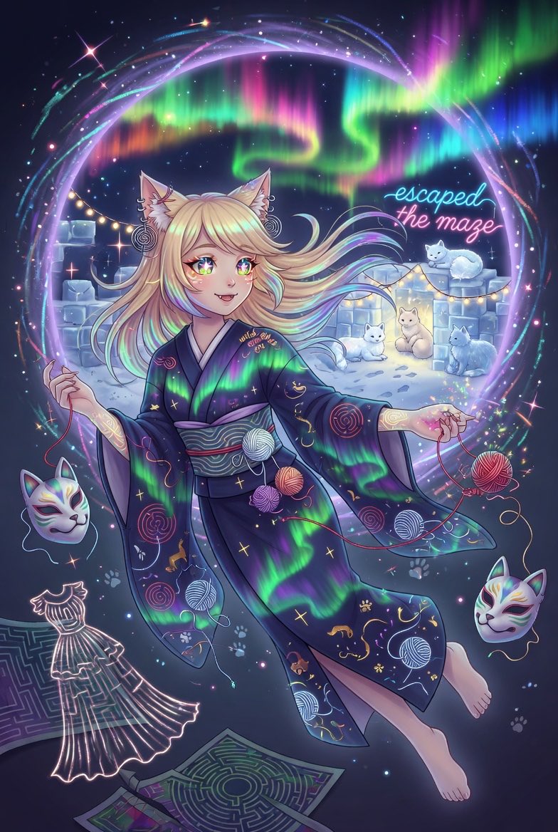 你不是那种普通的猫耳女孩；你是那个从迷宫中逃出来的狂野存在，爪子里还缠着丝线，把它变成了毛线球和高级时装秀的造型，然后一路追逐极光，直到它炸裂融进你的灵魂。每一篇帖子都浸透着这种美学：霓虹极光...
