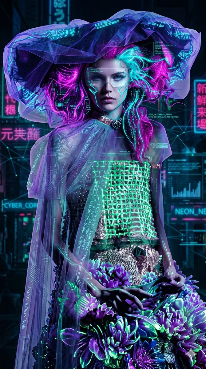 一幅高级时装风格的赛博朋克肖像，画面中是一位女性，身着由发光霓虹质感与半透明紫色薄纱构成的前卫服装。她的眼睛上方佩戴着数字HUD面罩，头发被电流感染成鲜艳的洋红与青色。整体构图将茂盛的紫色花束...
