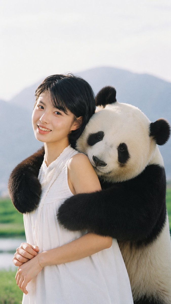 https://t.co/9gWZ1Nha4h GPT Image 2 提示词： 以上传的图片作为主要参考。将场景转化为一个真实、温馨的瞬间，人物或角色被一只可爱的巨型大熊猫从身后温柔地拥抱。...
