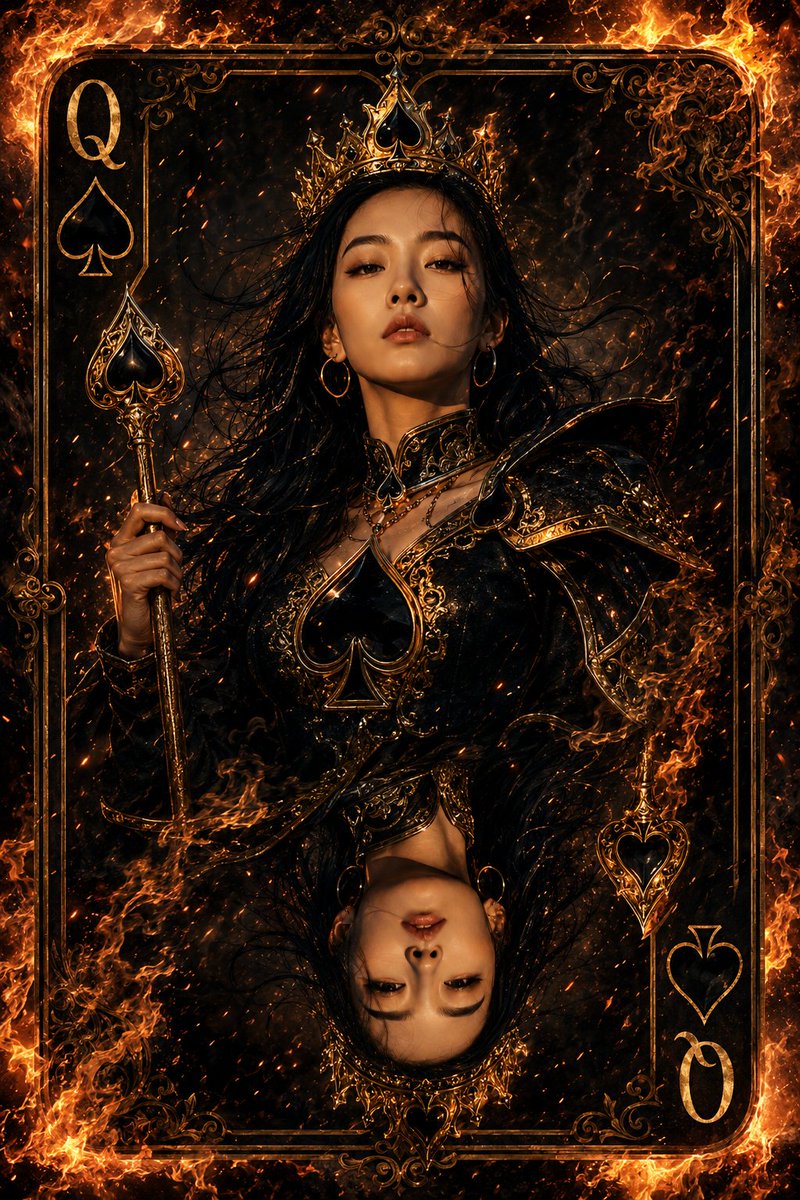 超精细的奇幻扑克牌插画，黑桃皇后，画面中心为一张皇家扑克牌框内、严格参照参考图中同一位年轻女性的面孔。她身穿带有黑桃符号的奢华黑金皇后服饰，头戴镶嵌黑色黑桃宝石的华丽金色王冠，周围有炽热的余烬...