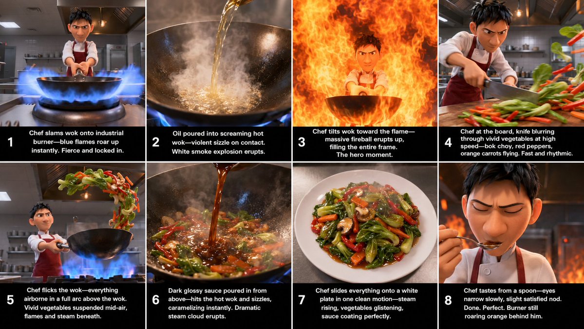 以所附的 THE WOK CHEF（锅气主厨）故事板图片作为准确的视觉参考。创建一个 15 秒、16:9 的动画炒锅烹饪序列，严格遵循 8 个分镜的故事板。贯穿全程，保持相同的皮克斯风格年轻中...