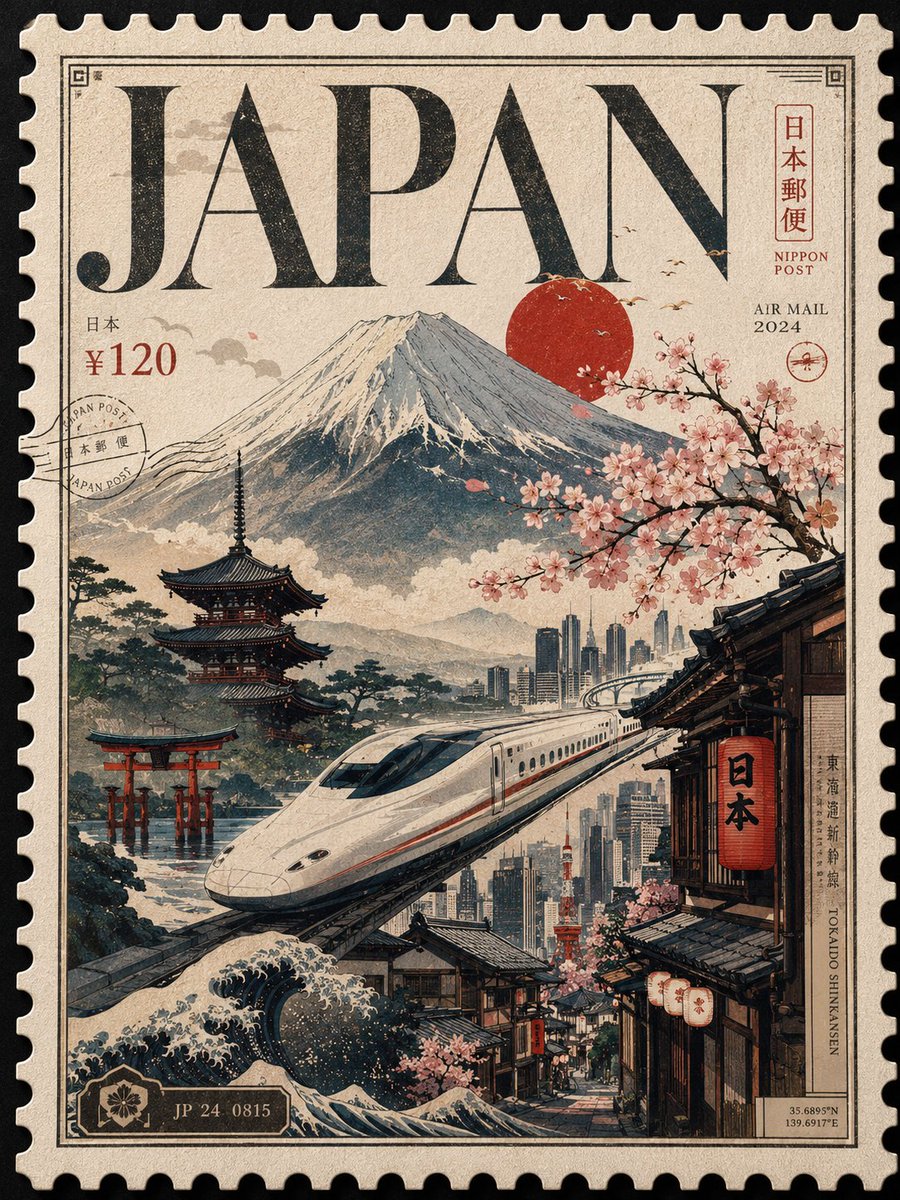 设计一张 3:4 比例的日本高级可收藏邮票海报，整体构图是一枚宏伟的奢侈邮票，像罕见的国家文物一样填满整个画面边缘。邮票应以放大的触感齿孔边缘、优雅的雕刻边框和沉浸式的物件聚焦构图主导画面。...