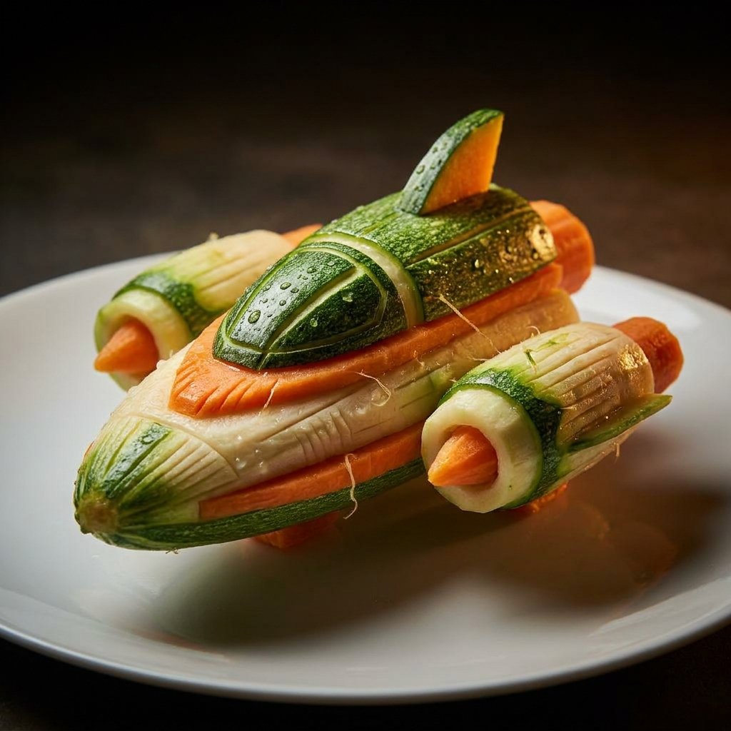 Toshi 的提示分享： 雕刻蔬菜 🥕🥦✨ [theme] 主题的超写实特写镜头：一个极其精致复杂的该主题蔬菜雕刻雕塑，由新鲜蔬菜匠心雕刻而成，刻痕极其精细微妙，拥有逼真的纹理、自然的色彩和细...
