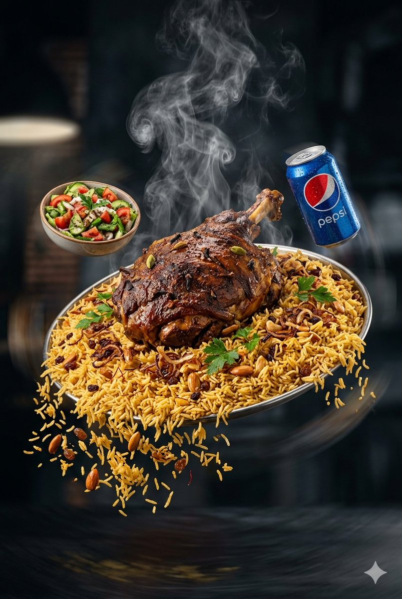 一块巨大的沙特羊肉卡布斯（Kabsa）悬浮在空中，米饭从两侧流下。沙拉和百事可乐围绕着羊肉卡布斯以戏剧性的慢动作旋转。热腾腾的肉饼上冒出浓烈的蒸汽。深色电影感背景，光泽的商业级打光，超写实快餐...