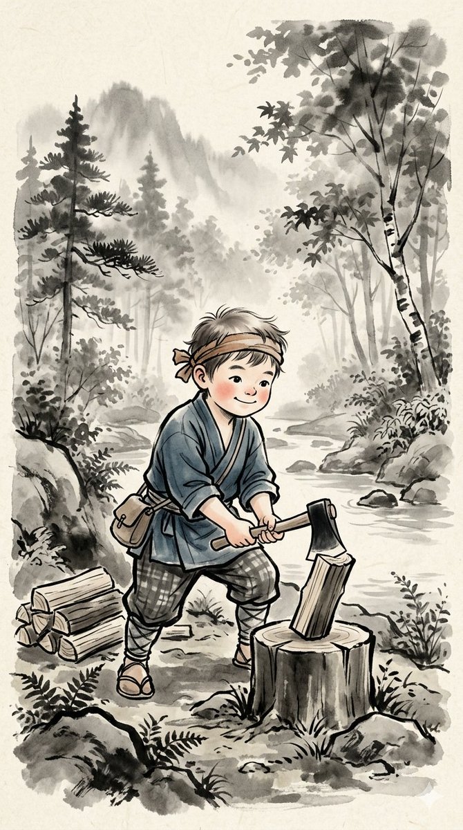 这些插图具有迷人的手绘美学风格，灵感源自日本传统水墨画和水彩画。场景描绘了一群活泼的儿童身着古朴的古装，在郁郁葱葱、雾气弥漫的森林中过着简单的生...