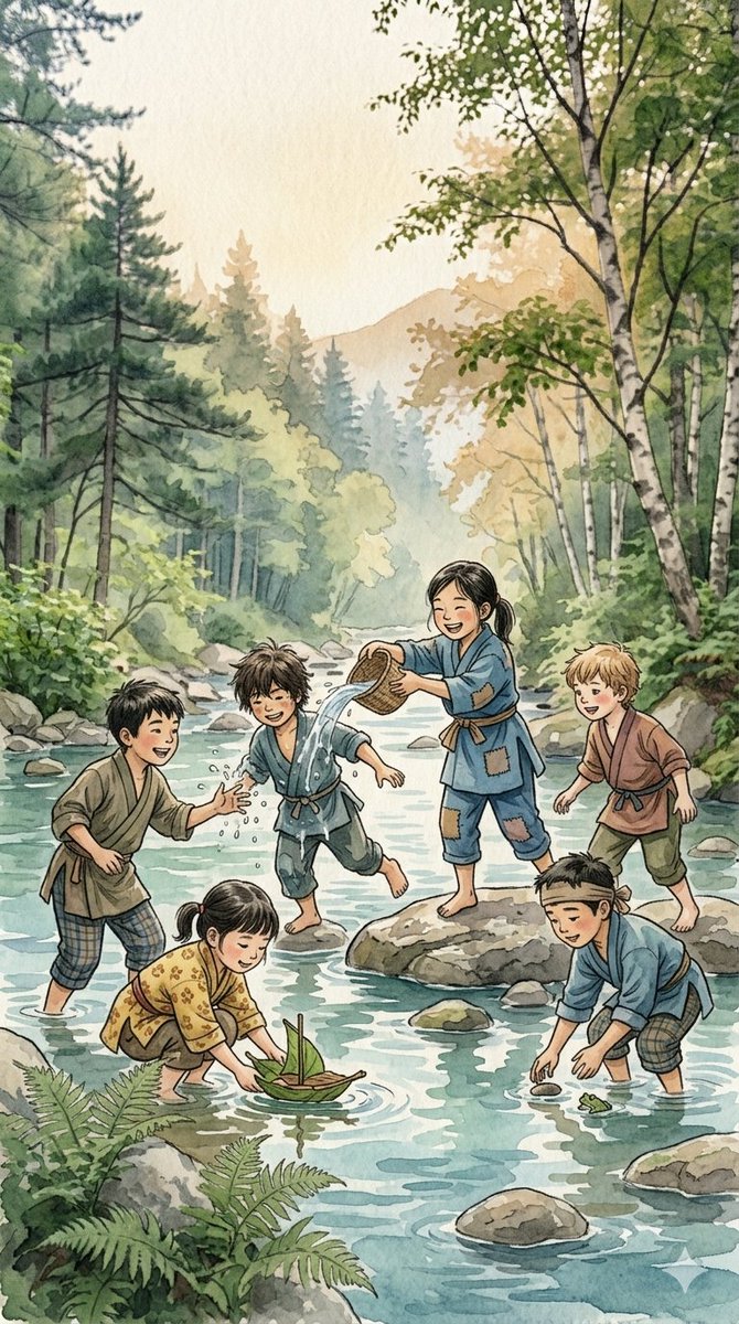 这些插图具有迷人的手绘美学风格，灵感源自日本传统水墨画和水彩画。场景描绘了一群活泼的儿童身着古朴的古装，在郁郁葱葱、雾气弥漫的森林中过着简单的生活。无论是一个小男孩用小斧子勤奋砍柴，还是一群朋...