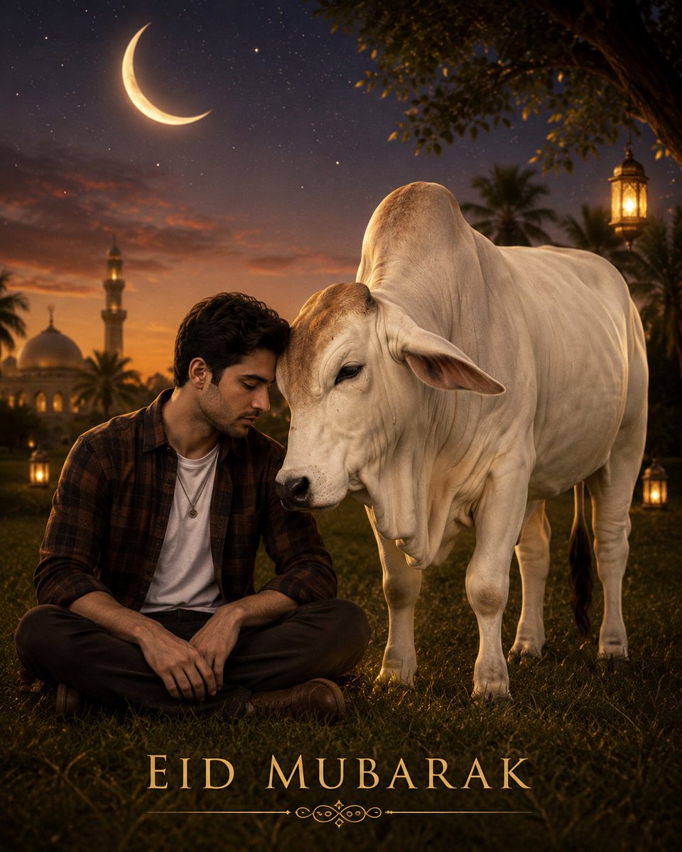 使用以下要求创建一张超逼真的电影感开斋节祝福（Eid Mubarak）艺术作品： 以图片 1 中的动物作为动物部分的精确参考 以图片 2 中的人物作为角色部分的精确参考 场景：角色在夜晚安静地...