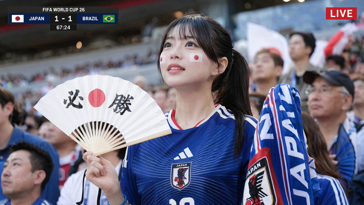 22岁的日本美女支持者。黑色长发的马尾辫。不是韩国人或中国人，明显是日本人特有的五官轮廓。通透感的肌肤，自然妆容，高雅且亲切的氛围。仿佛隶属于K-POP偶像团体的精致气场。身穿日本国家足球队队...