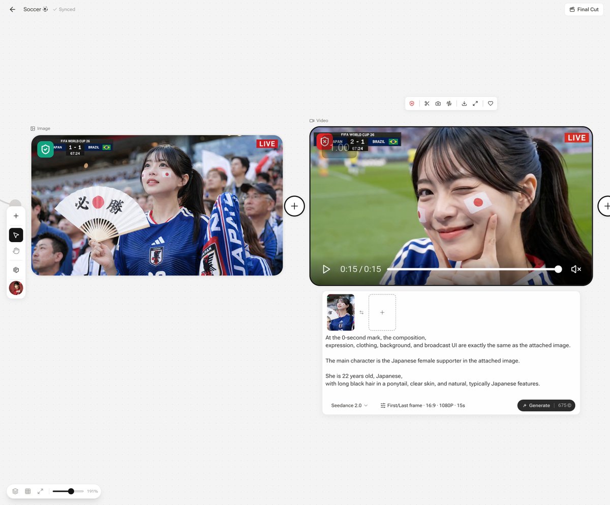 在0秒时点，构图、表情、服装、背景、播放UI与附带图像完全相同。主人公就是附带图像中的日本美女球迷本人。22岁，日本女性，黑色长发马尾辫，有透明...