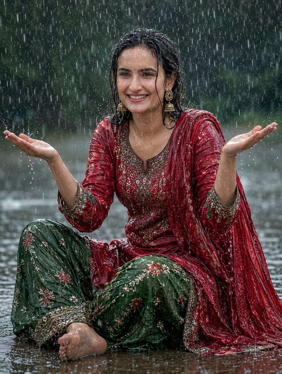 超逼真南亚女性坐在大雨中，笑容愉悦，黑发湿透，脸上和衣服上落满雨滴，身着优雅的红色刺绣克什米尔库尔塔，搭配绿色印花长裤，是巴基斯坦/印度传统服饰，电影感雨天氛围，湿润地面反光，柔和自然光线，高...