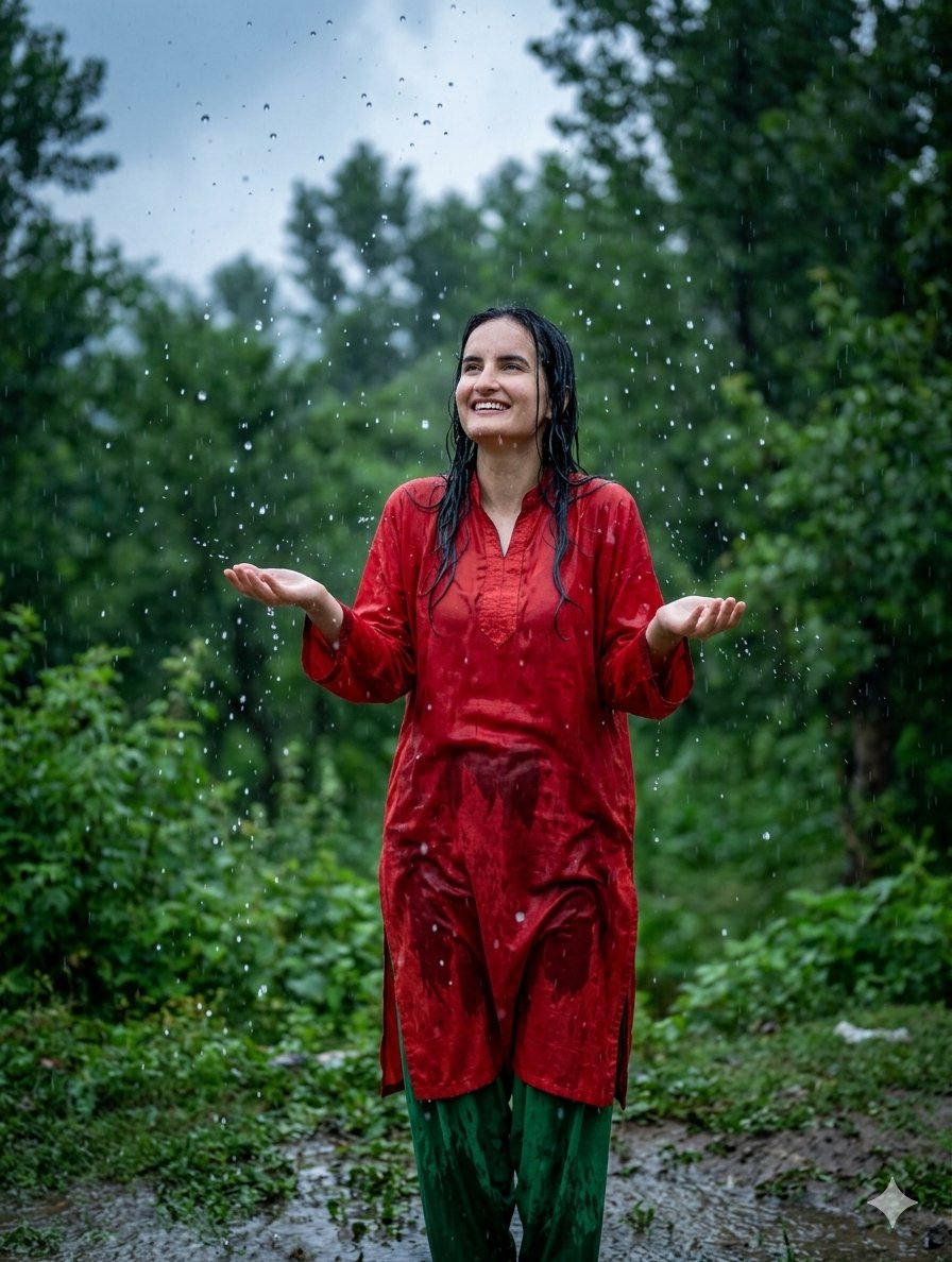 超逼真南亚女性坐在大雨中，笑容愉悦，黑发湿透，脸上和衣服上落满雨滴，身着优雅的红色刺绣克什米尔库尔塔，搭配绿色印花长裤，是巴基斯坦/印度传统服饰，电影感雨天氛围，湿润地面反光，柔和自然光线，高...