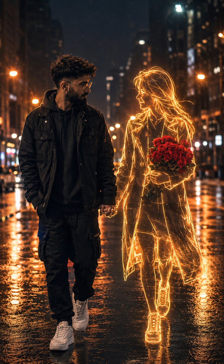 使用 GPT Image 2.0 创建 提示词 👇🏿 prompt": "一个电影感奇幻现实主义的夜景场景：年轻男子（与上传的图片中的人物相同）在雨后的湿漉漉的城市街道上，与一位发光的全息女子...