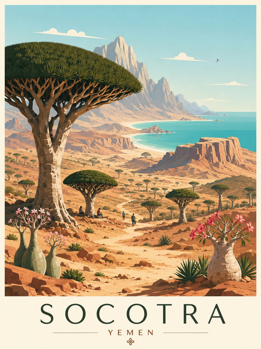 创作一张也门索科特拉岛的精品编辑风格旅行海报插画。 风格：扁平矢量插画，超级洁净极简，中世纪现代美学，受斯堪的纳维亚平面设计与复古阿拉伯旅游版画启发的编辑式旅行海报风格，无照片写实感，无纹理，...