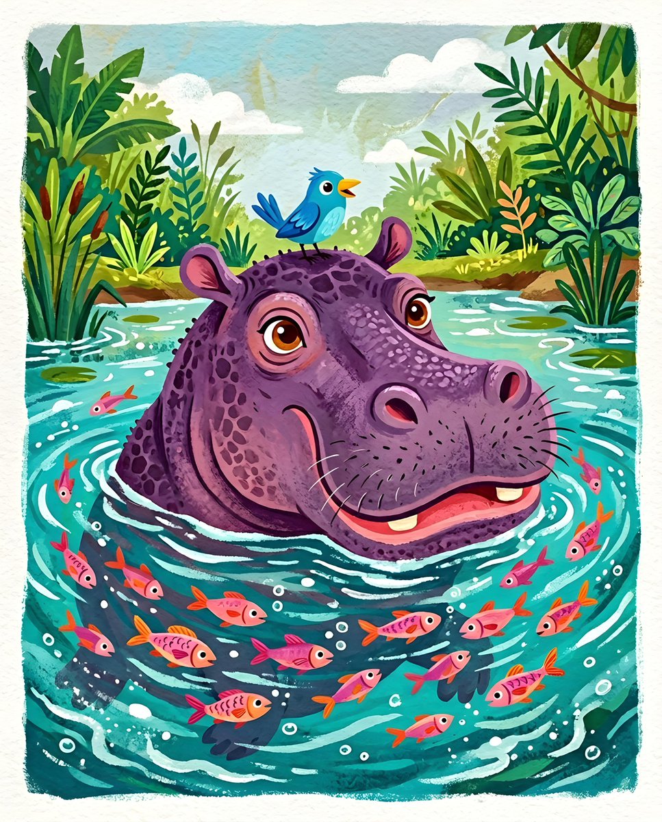 一幅充满奇趣的插画描绘了一只体型巨大的紫色河马，半个身体浸没在青绿色的水中。河马的头部和口鼻部分十分醒目，长着一双大而富有表现力的眼睛和一张宽阔的粉色嘴巴。一只蓝色的小鸟栖息在河马的头顶上。一...