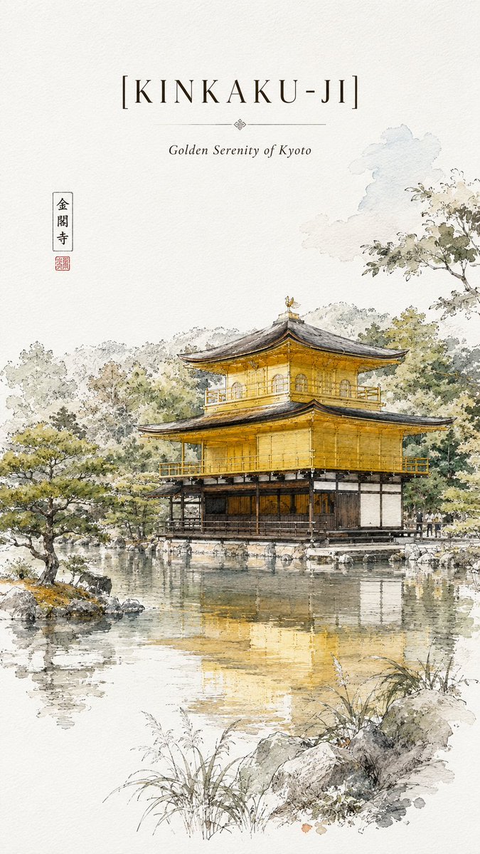 极简主义超高分辨率金阁寺旅行素描海报，绘制于干净的白色速写本纸上，带有细微的纸张纹理质感。风格：精致的钢笔画 + 松散的水彩素描。细腻的黑色墨水线条，轻盈的水彩晕染，优雅的日式传统建筑细节。展...